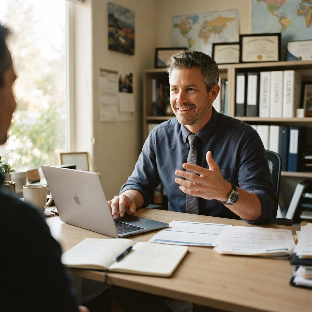 Independent insurance agent explaining coverage to a client in a sunlit Edina office